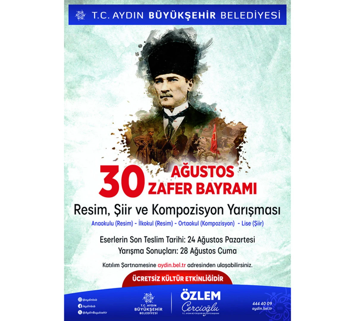 BAŞKAN &Ccedil;ER&Ccedil;İOĞLU&rsquo;NDAN 30 AĞUSTOS TEMALI &Ouml;D&Uuml;LL&Uuml; RESİM, ŞİİR VE KOMPOZİSYON YARIŞMASI