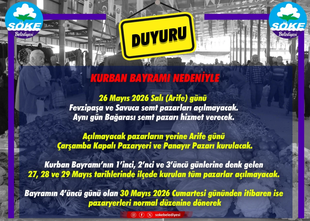   Kurban Bayramı&rsquo;nda S&ouml;ke&rsquo;de Pazaryeri D&uuml;zeni Belli Oldu